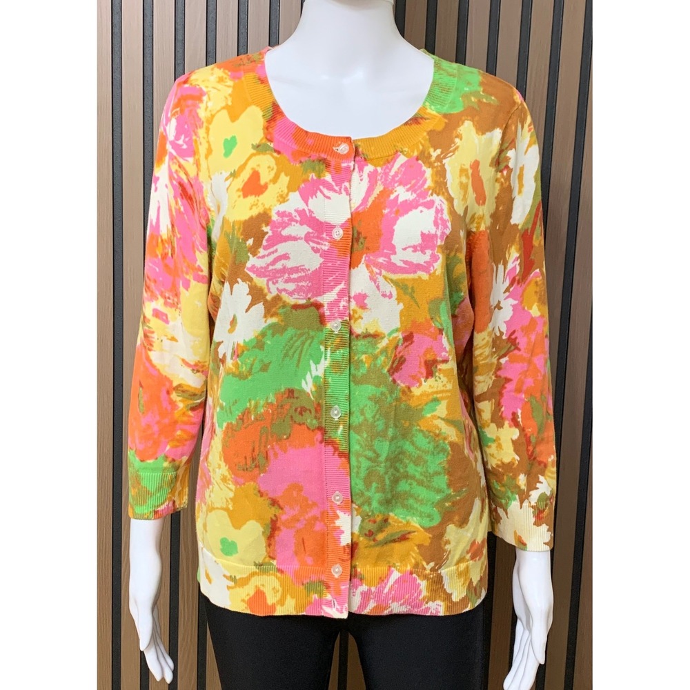 Talbots Pima Cotton Floral Cardigan Sweater Pink Orange Green Women's Large